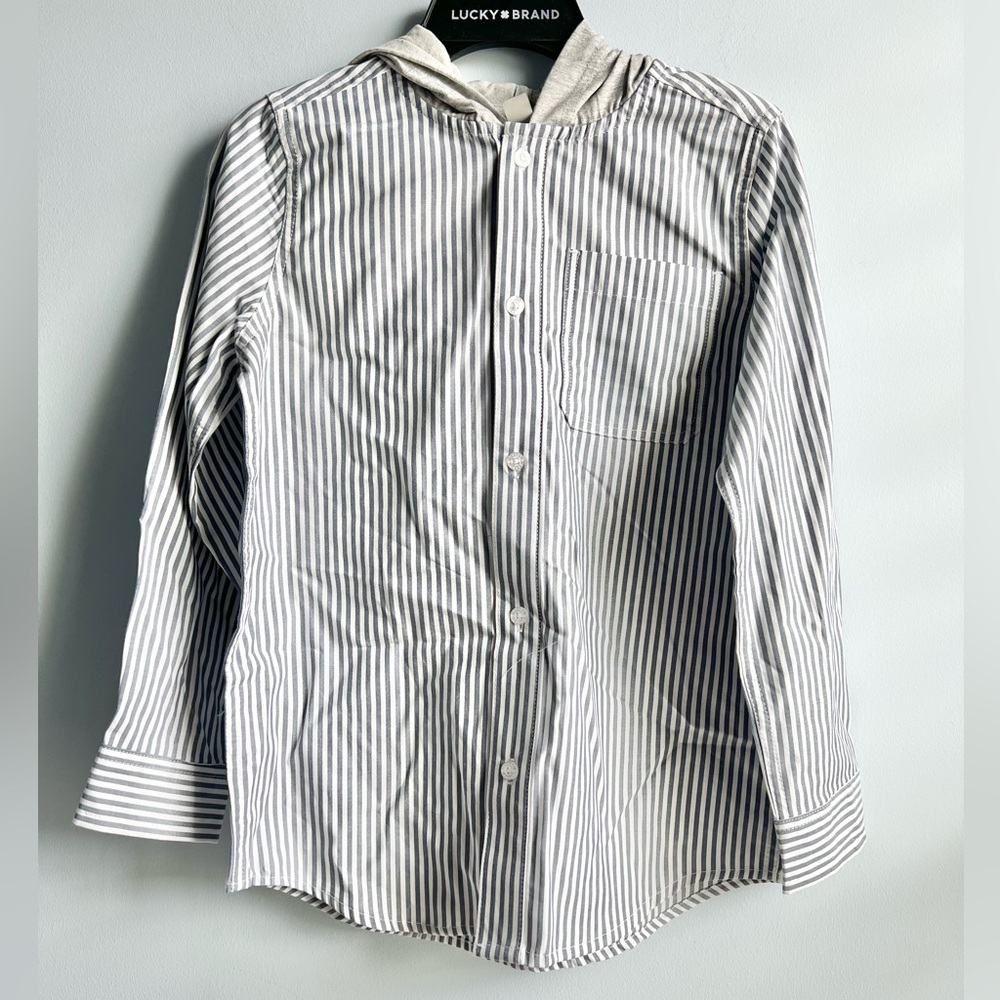 Lucky Brand Boys Hooded Striped Gray & White Woven Shirt